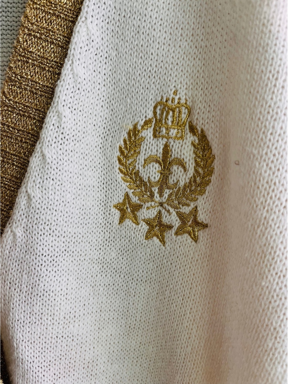 VTG Clyde Cream & Gold Knit Varsity Crest Cardigan Sweater Preppy Old Money - Picture 4 of 10